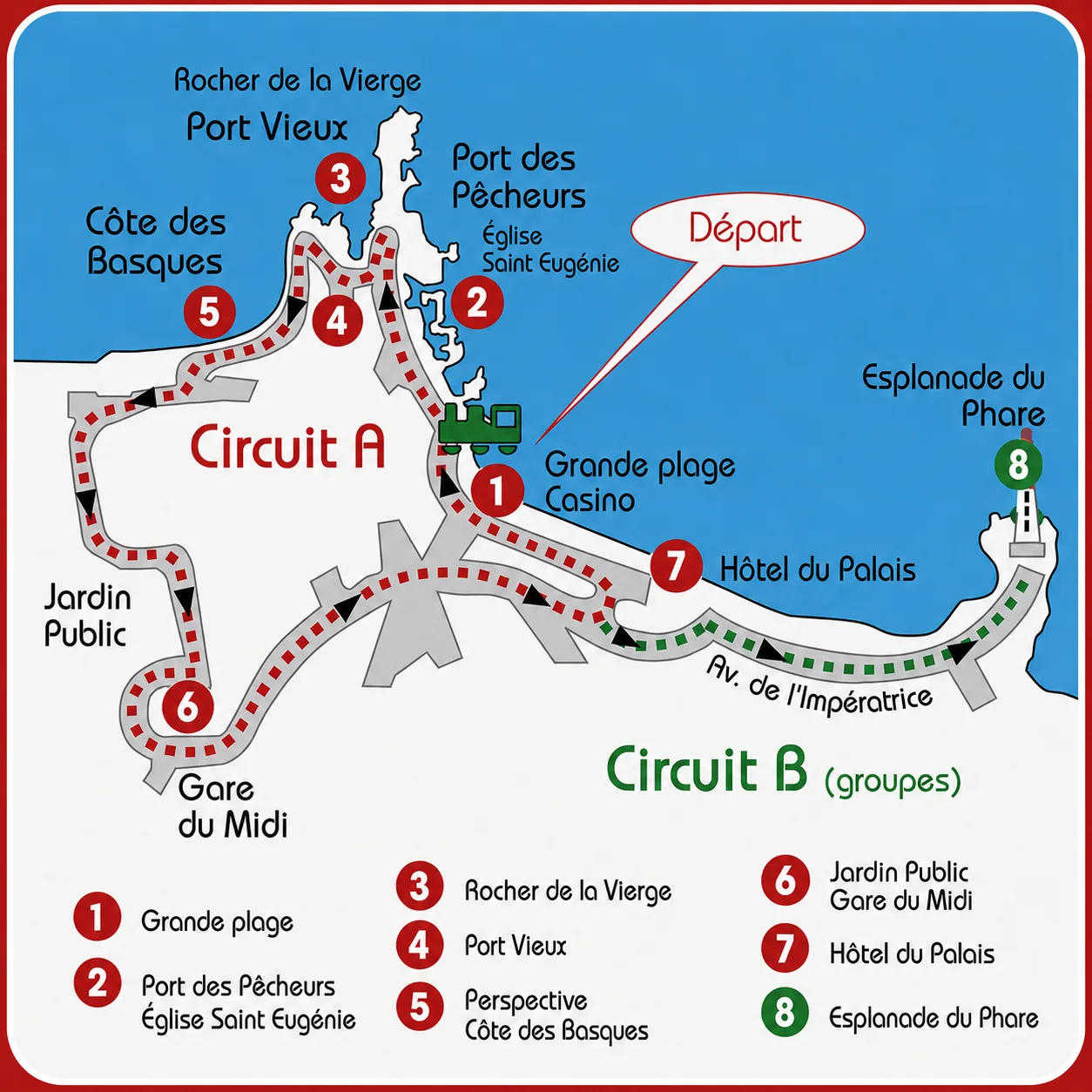 Map showing two routes, Circuit A and Circuit B, with numbered points of interest including Grande plage, Port des Pêcheurs, Rocher de la Vierge, Port Vieux, Côte des Basques, Jardin Public, Gare du Midi, Hôtel du Palais, and Esplanade du Phare.