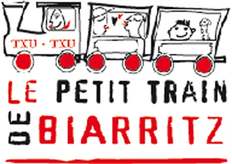 Hand-drawn logo of Le Petit Train de Biarritz featuring a small train with red wheels and passengers inside.