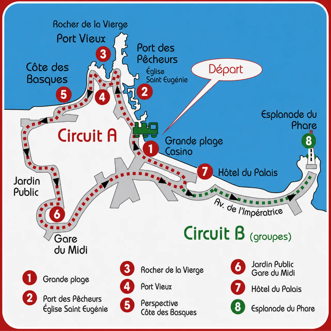 Map showing two walking circuits, Circuit A in red passing through Grande plage, Port des Pêcheurs, Rocher de la Vierge, Port Vieux, Côte des Basques, Jardin Public, Gare du Midi, and Hôtel du Palais, and Circuit B for groups in green passing along Av. de l'Impératrice to Esplanade du Phare lighthouse.